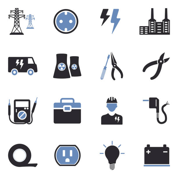 Electricity Icons. Two Tone Flat Design. Vector Illustration. Voltmeter, Electricity, Power, Nature, AC/DC bolt cutter stock illustrations