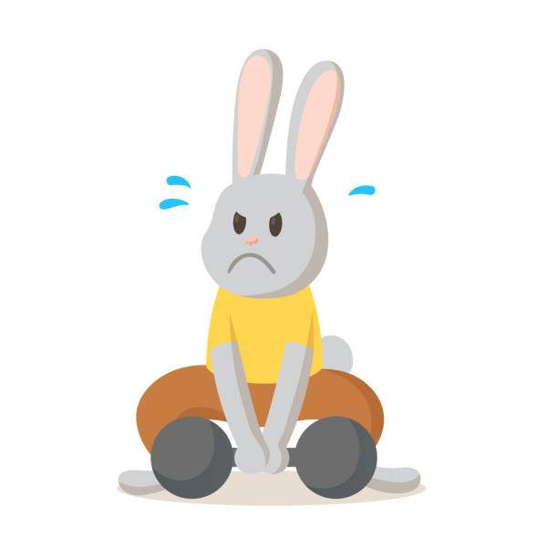 ilustraciones, imágenes clip art, dibujos animados e iconos de stock de conejo divertido tratando de levantar la campana pesada, personaje de dibujos animados. ilustración vectorial plana, aislada sobre fondo blanco. - easter rabbit baby rabbit mascot