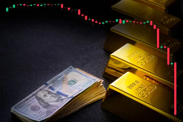 Gold bars and fiat money 100 Dollar note financial concept Doji candlestick bearish downwards crisis crash recesion