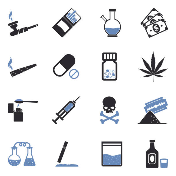 Drugs Icons. Two Tone Flat Design. Vector Illustration. Marijuana, Lsd, Methamphetamine, Cocaine, Heroin, Addict drug cartel stock illustrations