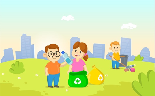 Smiling kids collecting plastic garbage and segregating waste on city and blue sky background. Waste sorting management, recycling, ecology. Cartoon flat vector illustration.