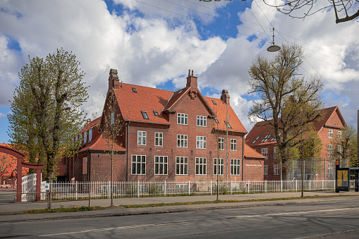 Valby, Copenhagen, Denmark, April 25, 2020: Typical Danish school building from the 1930s