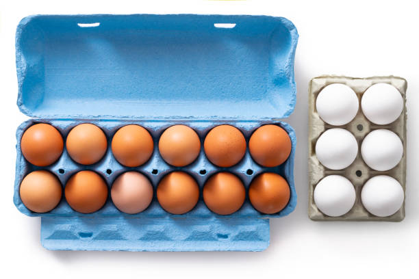 Dozen brown eggs carton and six white eggs isolated on white background