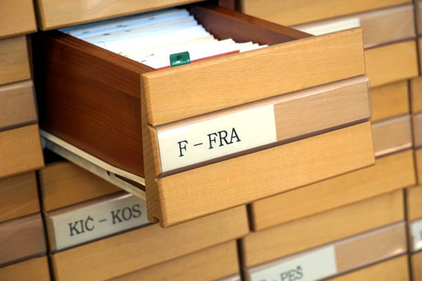 istock Wooden library drawer opened on letter F 1222382786