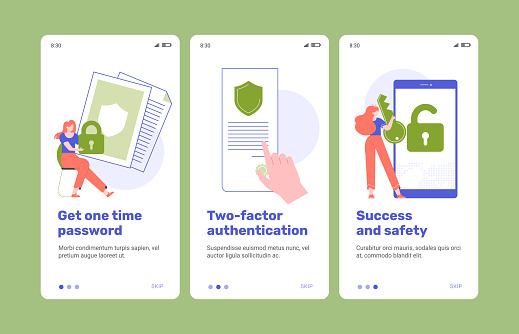 Two-factor authentication. Cybersecurity in the use of a smartphone and Internet networks. Mobile application onboarding concept template. Flat vector illustration.