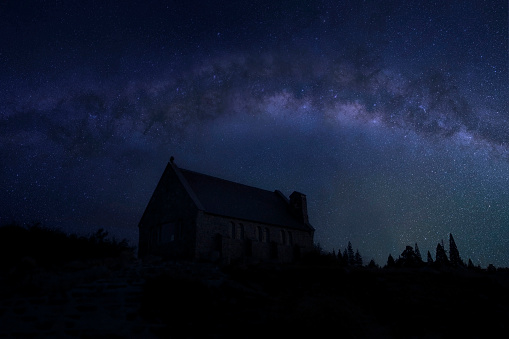 Milky way at the Church of the Good Shepherd, Lake Tekapo, New Zealand
