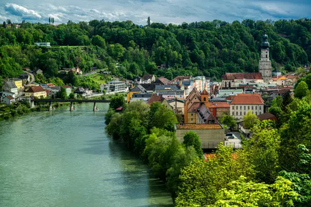 Burghausen, Bavaria, Germany, Historic small town in upper Bavaria, located in the district altötting. Home of the longest castle oft the world. In the foreground the Salzach river builds the border from austria and Germany.