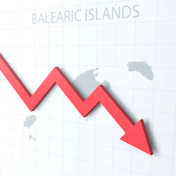 Vector illustration of Falling red arrow with the Balearic Islands map on the background
