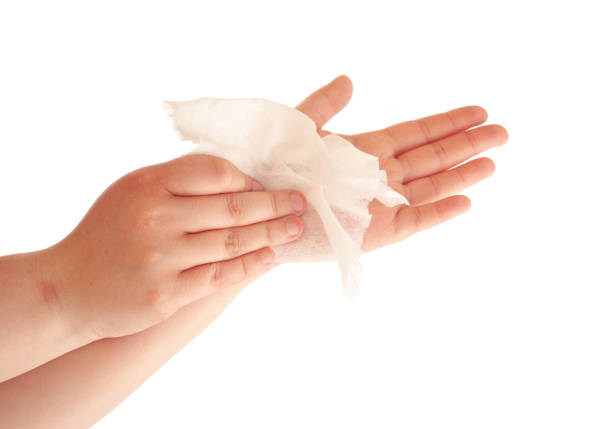 istock Wet antibacterial wipes for cleaning hands, isolated on white background . 1222385099