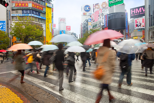 Shibuya, Tokyo, Kanto Region, Honshu, Japan - April 14, 2010: People crossing the street under rain with umbrellas at Shibuya district.