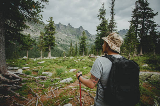 istock Man hiking in mountains with backpack in wildlife nature 1222386517