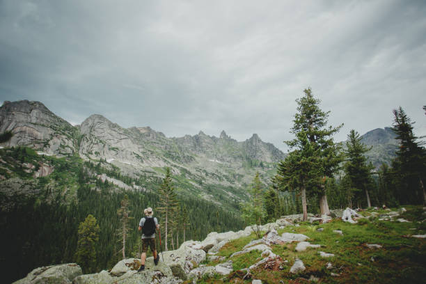 istock Man hiking in mountains with backpack in wildlife nature 1222386622