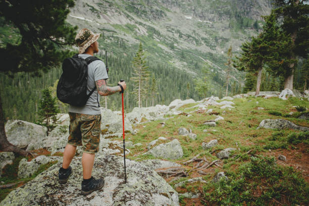 istock Man hiking in mountains with backpack in wildlife nature 1222386699