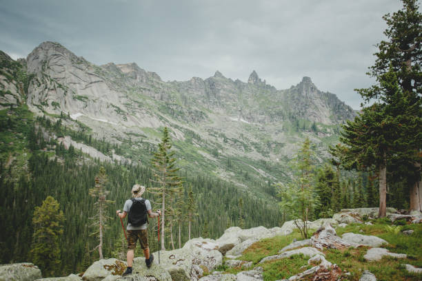 istock Man hiking in mountains with backpack in wildlife nature 1222386700