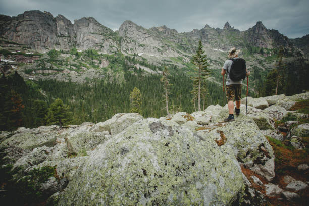 istock Man hiking in mountains with backpack in wildlife nature 1222386707