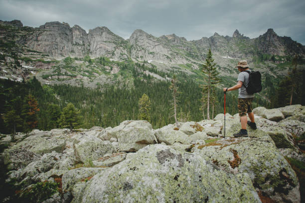 istock Man hiking in mountains with backpack in wildlife nature 1222386733