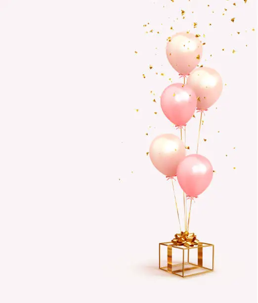 Vector illustration of Festive background with helium balloons, gold gift box. Poster Happy Birthday, banner happy anniversary. Realistic decorative design elements. Vector 3d object ballon with ribbon, pink, coral color.