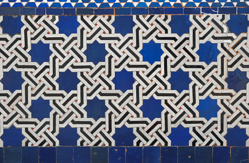 Close up shot of seamless decorative royal blue Moroccan tiles