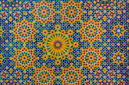 Close up shot of Moroccan decorative mosaic tiles texture