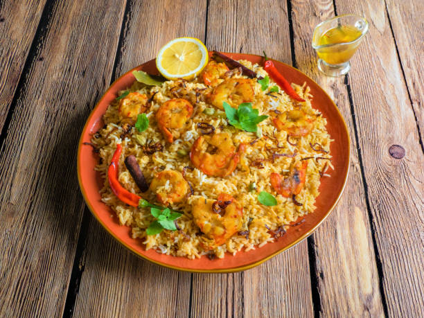 Biryani with shrimp. Tasty and delicious prawns biryani, top view.