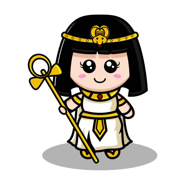 ilustraciones, imágenes clip art, dibujos animados e iconos de stock de los iconos egipcios de los personajes son duros y cleopatra sostiene el palo - traje de reina egipcia