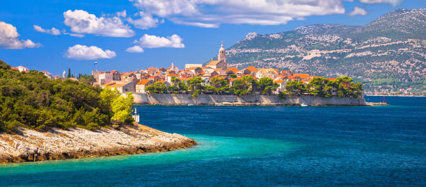 istock Historic town of Korcula archipelago panoramic view 1222391835