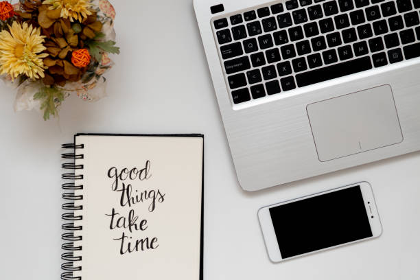 istock Entrepreneur office: place of work with digital notebook and phone. Flat lay, top down 1222393588