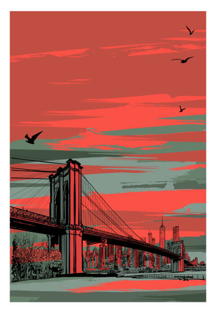 ilustrações de stock, clip art, desenhos animados e ícones de historic brooklyn bridge and lower manhattan - brooklyn bridge new york city brooklyn famous place