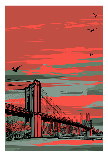 Historic Brooklyn Bridge and lower Manhattan - vector illustration (Ideal for printing on fabric or paper, poster or wallpaper, house decoration)