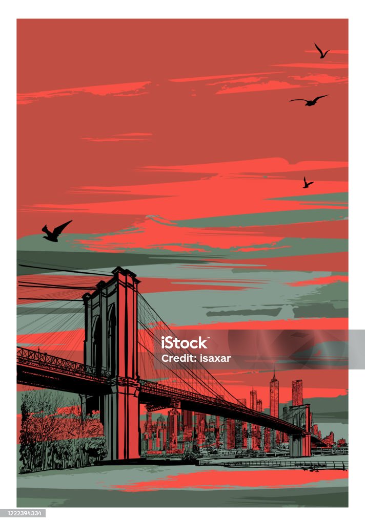 Historic Brooklyn Bridge And Lower Manhattan Stock Illustration - Download  Image Now - New York City, Brooklyn Bridge, Bridge - Built Structure -  iStock