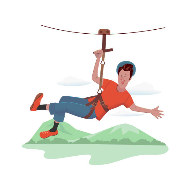 man is descending on a rope at an attraction Zipline Cheerful man is descending on a rope at an attraction Zipline. Vector isolated illustration with texture in cartoon style. zip line stock illustrations