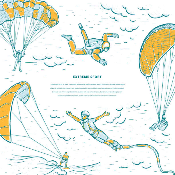 Extreme sports sketch vector template. Bungee jumping, kite surfing, free fall. Skydivers flying with a paraglider and parachute. Design for flyer, cover page, poster, web banner