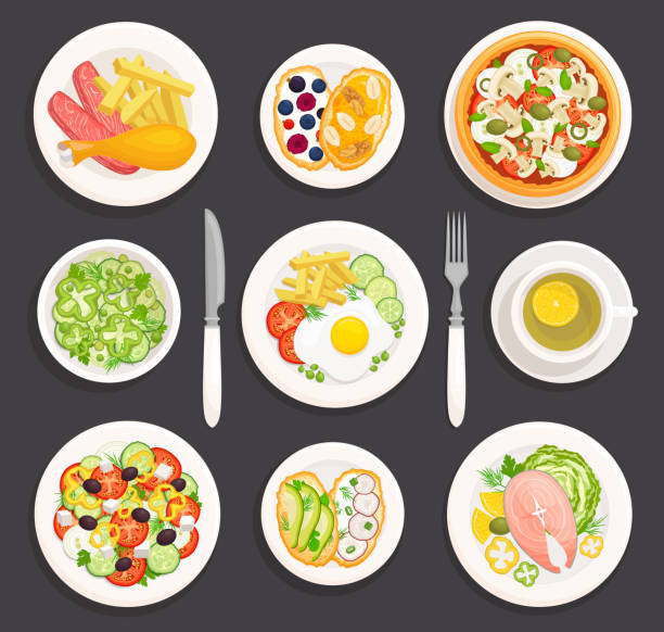ilustraciones, imágenes clip art, dibujos animados e iconos de stock de juego de platos con comida. ilustración vectorial. vista superior. - sandwich food lunch chicken