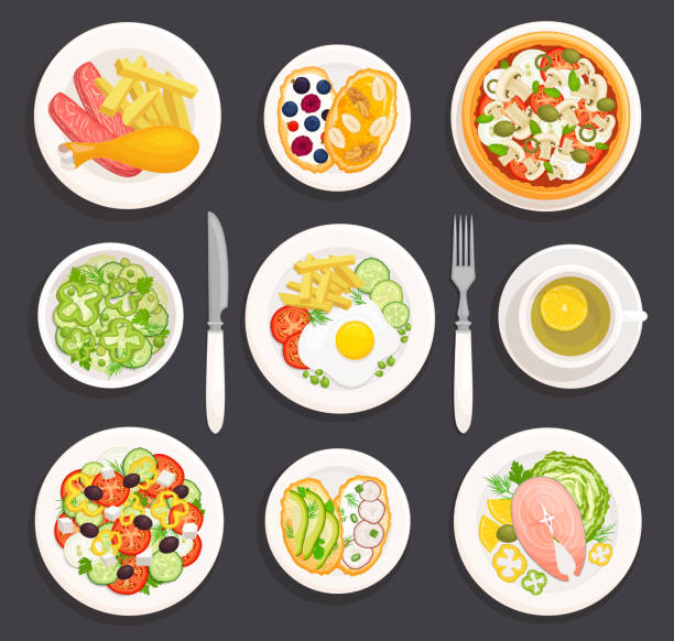 Set of plates with food. Vector illustration. Top view. Set of various dishes top view. Plates with food in cartoon style. Food to choose from for breakfast, lunch and dinner. Ready-made table. Vector illustration. Flat lay. fish fry icon stock illustrations