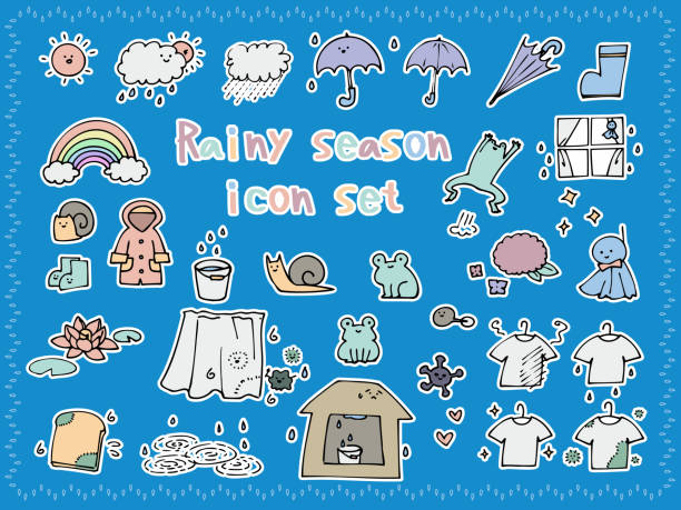 ilustraciones, imágenes clip art, dibujos animados e iconos de stock de conjunto de iconos escritos a mano de la temporada lluviosa - weather cloud window rain