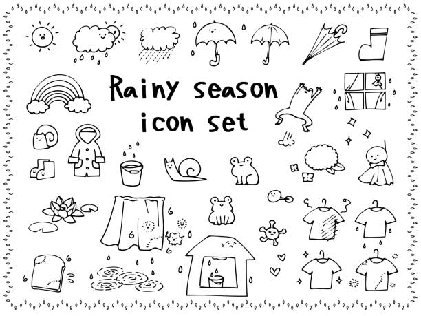 ilustrações de stock, clip art, desenhos animados e ícones de rainy season handwritten icon set - weather cloud window rain