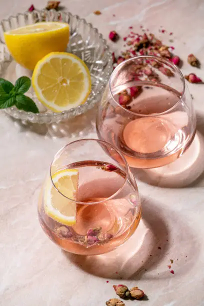 Cocktail glasses of pink rose champagne, cider or lemonade with dry rose buds, lemon and mint. Pink marble background.