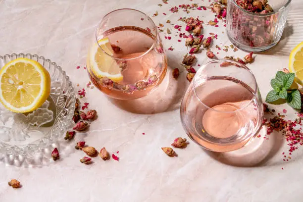 Cocktail glasses of pink rose champagne, cider or lemonade with dry rose buds, lemon and mint. Pink marble background.