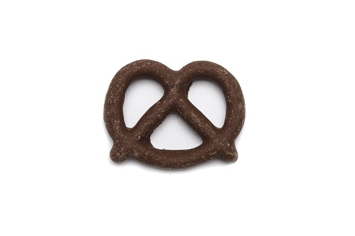 Pretzel with Chocolated biscuit flavored and coated chocolated cream on white background.