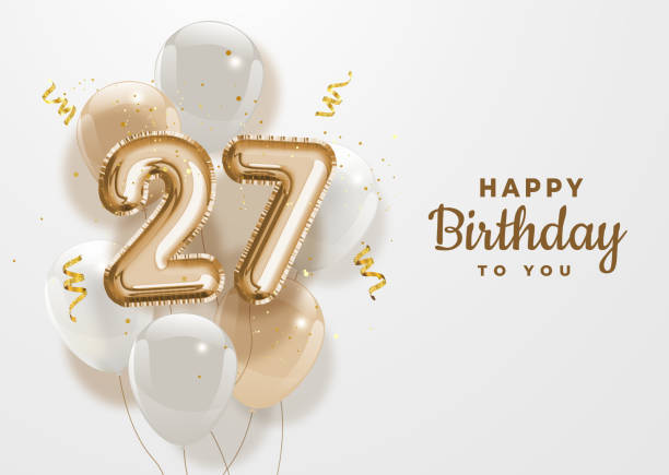 Happy 27th birthday gold foil balloon greeting background. Happy 27th birthday gold foil balloon greeting background. 27 years anniversary logo template- 27th celebrating with confetti. Vector stock. number 27 stock illustrations