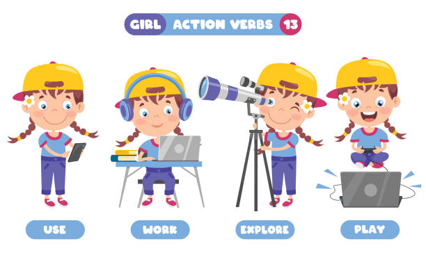 ilustrações, clipart, desenhos animados e ícones de verbos de ação para educação infantil - connection child futuristic humor