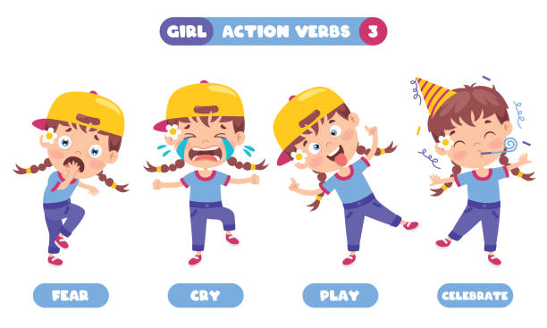 ilustrações de stock, clip art, desenhos animados e ícones de action verbs for children education - humor book fun human age