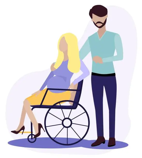 Vector illustration of pregnant women iis in wheelchair. She has trendy clothes and shoes. Full happy life.