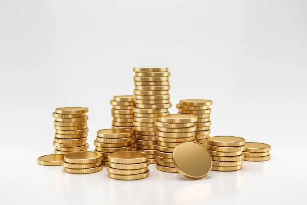 Photo of Stack of golden coins on white background with earning profit concept. Gold coins or currency of business. 3D rendering.