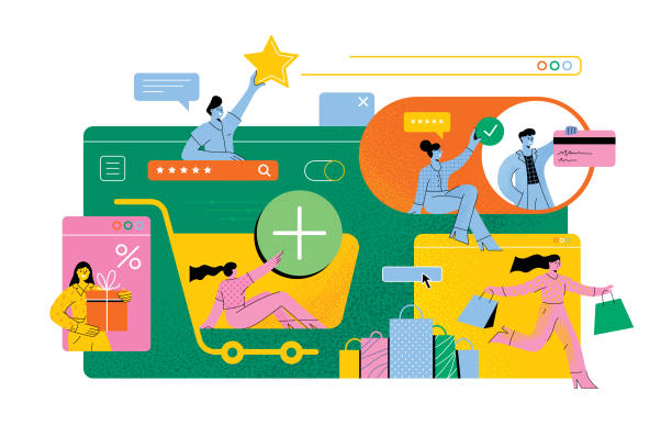 Online shopping People shopping, buying, paying and rating online.
Fully editable vectors on layers. ecommerce concept stock illustrations