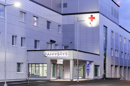 Joensuu, Finland - April 26, 2020: The brand new building of North Karelia Central Hospital emergency rooms.