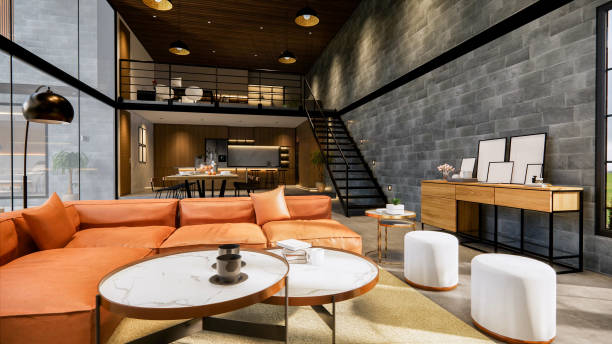 istock 3d rendering. Interior house modern open living space with kitchen.Loft style Duplex apartment residence.Home decoration luxury  interior design. 1222411060