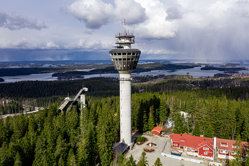 Kuopio, Finland - April 28, 2020: Aerial view of Puijo tower.