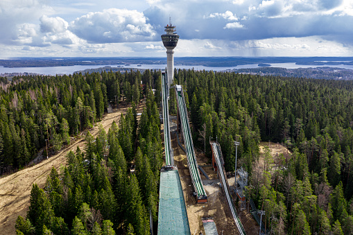 Kuopio, Finland - April 28, 2020: Aerial view of Puijo tower.