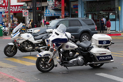Tijuana, Mexico - October 20, 2017: Yamaha 900cc motorcycle and Harley Davidson motorcycle in Mexican police livery parked in road